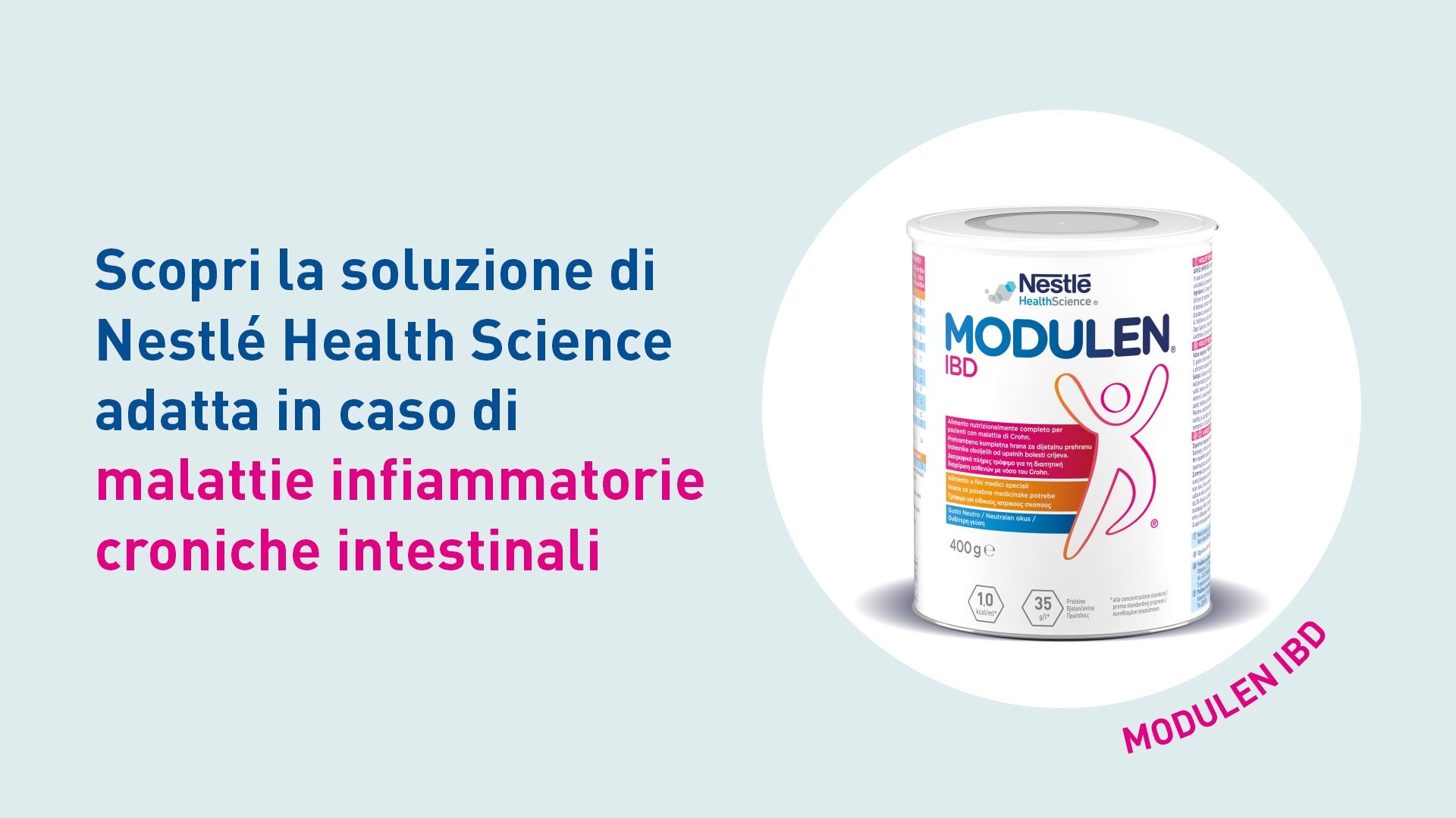 Banner promozionale con testo e una confezione di Modulen IBD su sfondo chiaro.