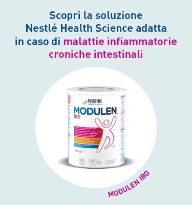 Banner promozionale con testo e una confezione di Modulen IBD su sfondo chiaro.